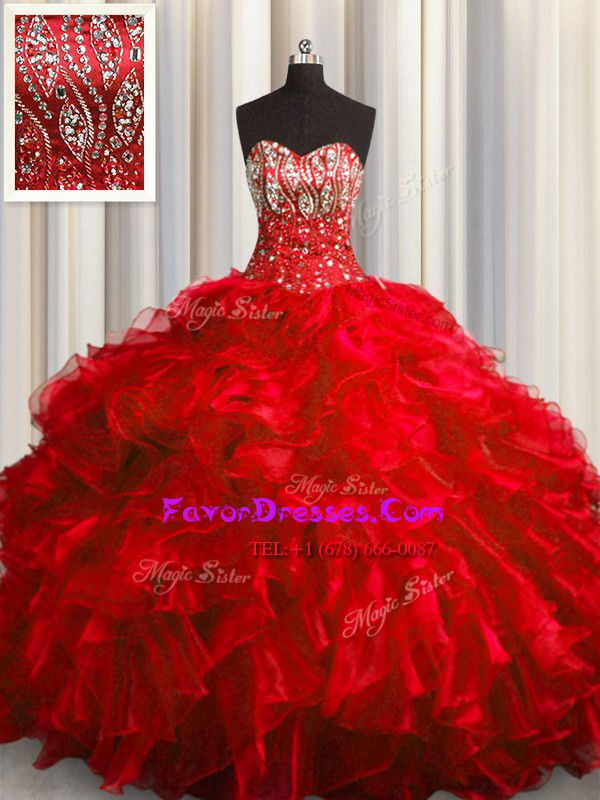 Free and Easy Brush Train Ball Gowns Quinceanera Dress Red Sweetheart Organza Sleeveless With Train Lace Up