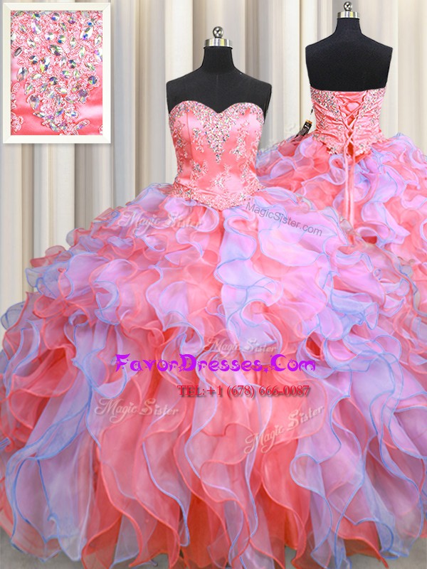 Pretty Sleeveless Organza Floor Length Lace Up Vestidos de Quinceanera in Multi-color with Beading and Appliques and Ruffles