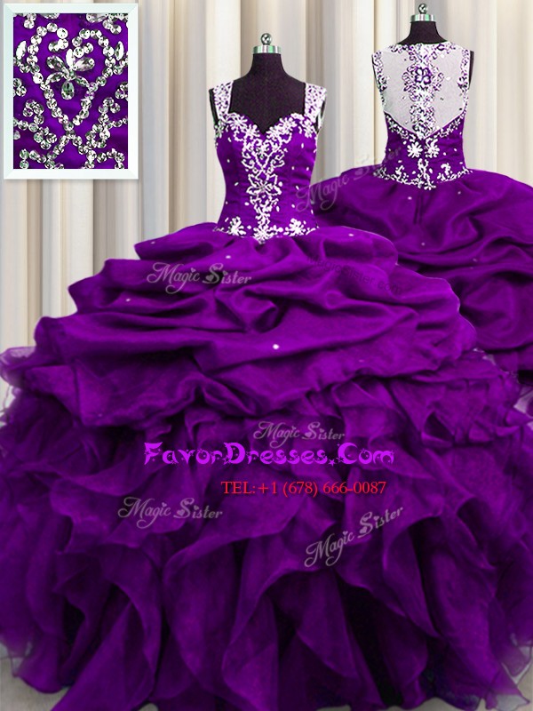 Fantastic See Through Back Floor Length Zipper Ball Gown Prom Dress Purple for Military Ball and Sweet 16 and Quinceanera with Beading and Ruffles and Sequins and Pick Ups