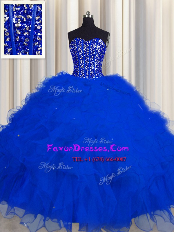 Adorable Visible Boning Floor Length Ball Gowns Sleeveless Royal Blue Ball Gown Prom Dress Lace Up
