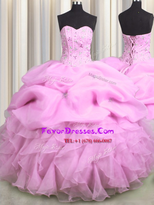 Lovely Pick Ups Visible Boning Lilac Sleeveless Organza Lace Up Quince Ball Gowns for Military Ball and Sweet 16 and Quinceanera
