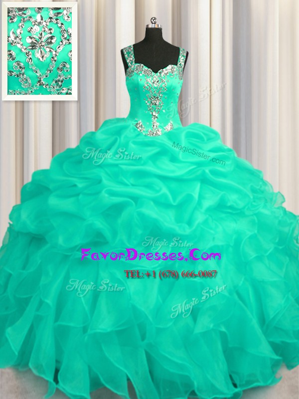 Exceptional See Through Zipper Up Ball Gowns Vestidos de Quinceanera Turquoise Straps Organza Sleeveless Floor Length Zipper