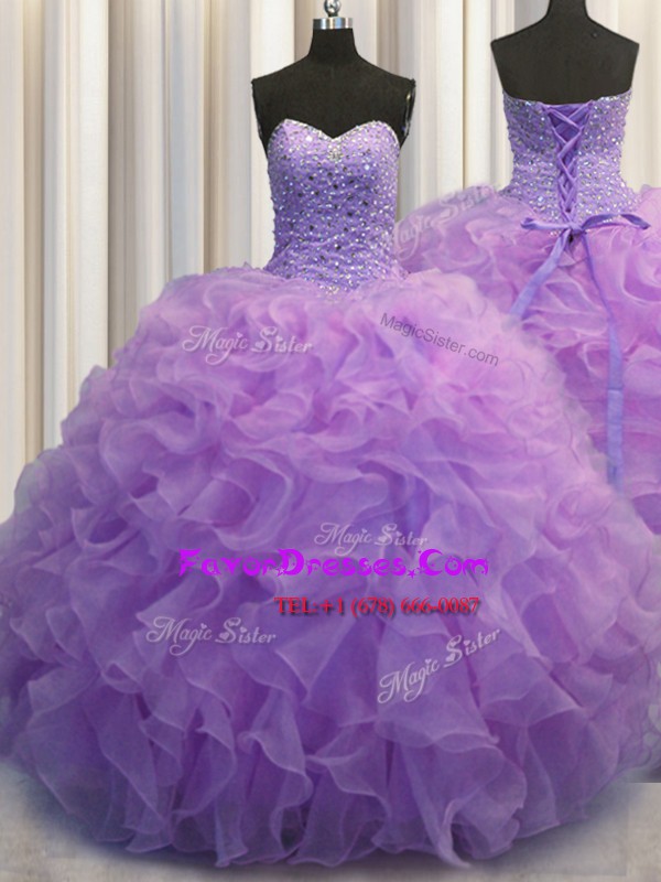  Organza Sweetheart Sleeveless Lace Up Beading and Ruffles 15 Quinceanera Dress in Lavender