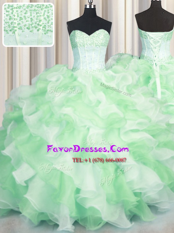 Flare Visible Boning Two Tone Sleeveless Organza Floor Length Lace Up Quinceanera Gown in Multi-color with Beading and Ruffles