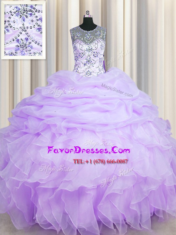  Scoop See Through Organza Sleeveless Floor Length Sweet 16 Quinceanera Dress and Beading and Ruffles and Pick Ups