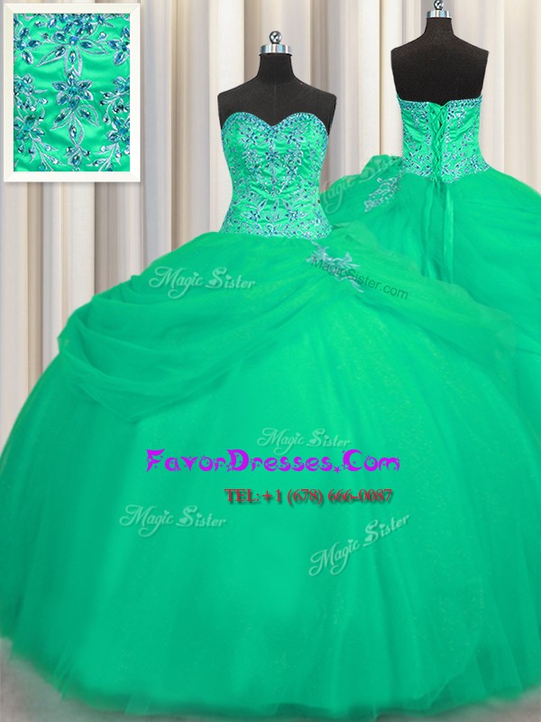 Ideal Big Puffy Ball Gowns Sweet 16 Quinceanera Dress Turquoise Sweetheart Tulle Sleeveless Floor Length Lace Up