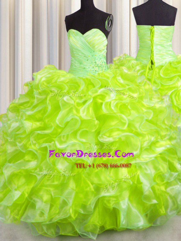  Yellow Green Lace Up Quinceanera Dress Beading and Ruffles Sleeveless Floor Length