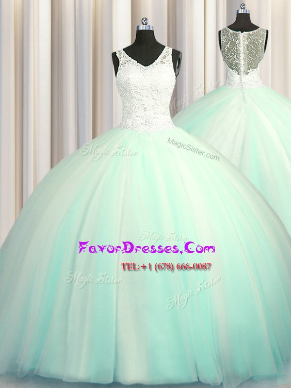  Big Puffy Zipper Up Tulle Sleeveless With Train Sweet 16 Dress Brush Train and Beading and Appliques