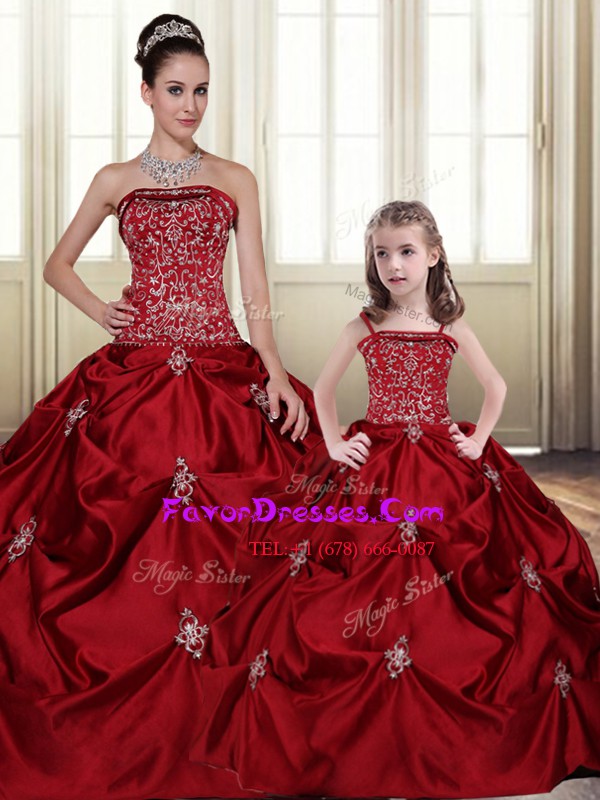  Embroidery Pick Ups Ball Gowns 15th Birthday Dress Wine Red Strapless Taffeta Sleeveless Floor Length Lace Up
