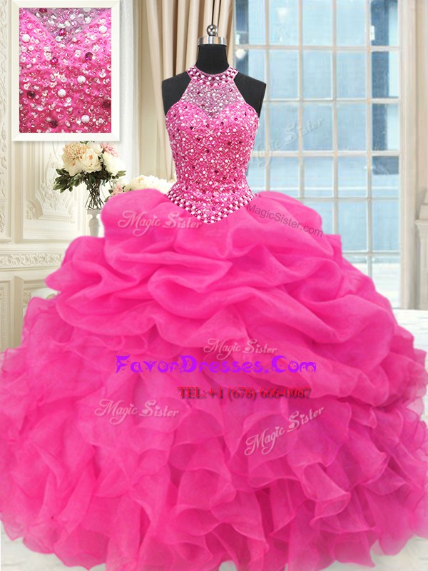 Exceptional See Through Beaded Bodice Floor Length Lace Up Quinceanera Dresses Hot Pink for Military Ball and Sweet 16 and Quinceanera with Beading and Ruffles and Pick Ups