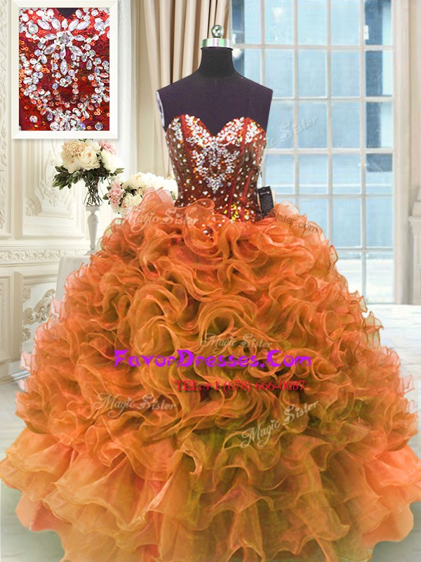  Sweetheart Sleeveless Quince Ball Gowns Floor Length Ruffles Orange Organza