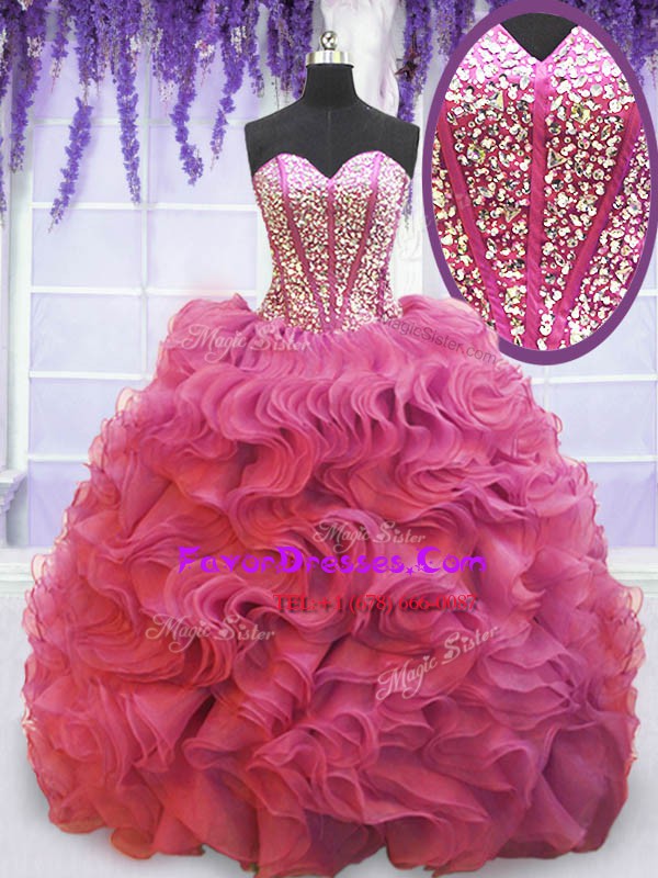  Pink Organza Lace Up Sweetheart Sleeveless Quinceanera Dresses Sweep Train Beading and Ruffles