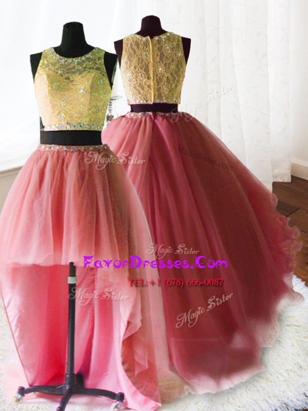 Sweet Three Piece Watermelon Red Ball Gowns Scoop Sleeveless Organza and Tulle and Lace With Brush Train Zipper Beading and Lace and Ruffles Quince Ball Gowns