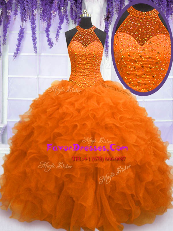 Admirable Ball Gowns 15 Quinceanera Dress Orange Red High-neck Organza Sleeveless Floor Length Lace Up