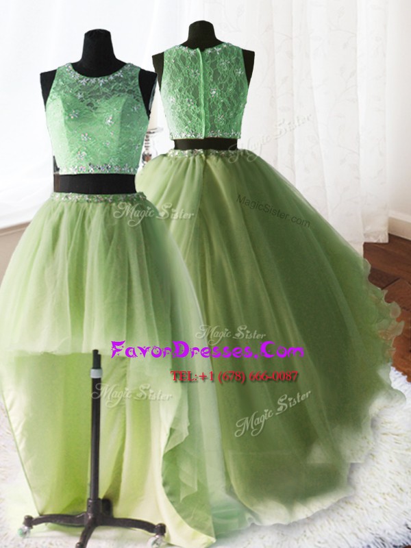 Perfect Three Piece Yellow Green Scoop Neckline Beading and Lace and Ruffles Ball Gown Prom Dress Sleeveless Zipper