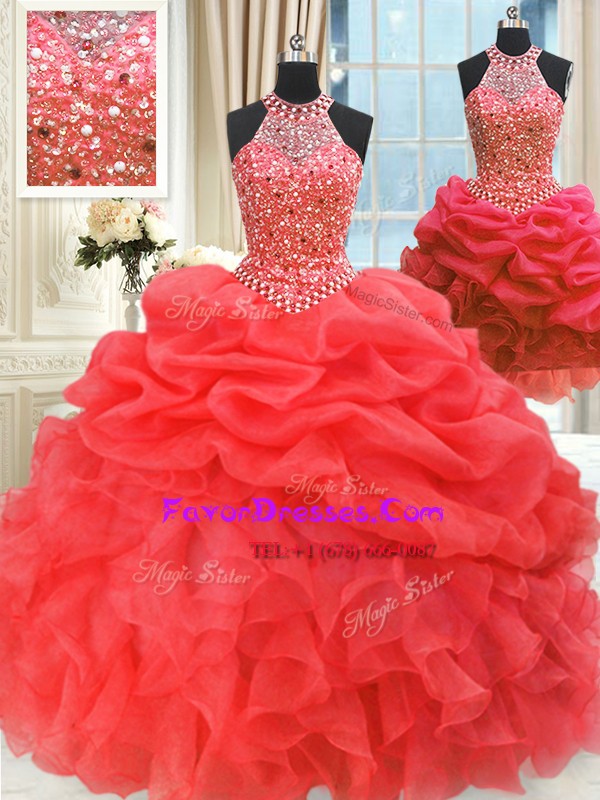 Excellent Three Piece Red Ball Gowns High-neck Sleeveless Organza Floor Length Lace Up Beading and Pick Ups Quinceanera Dresses