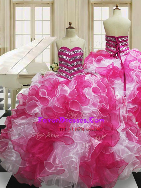  Sweetheart Sleeveless Ball Gown Prom Dress Floor Length Beading and Ruffles Pink And White Organza