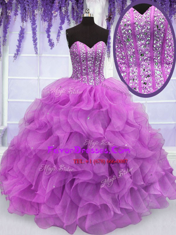 Artistic Lilac Quince Ball Gowns Military Ball and Sweet 16 and Quinceanera and For with Beading and Ruffles Sweetheart Sleeveless Lace Up