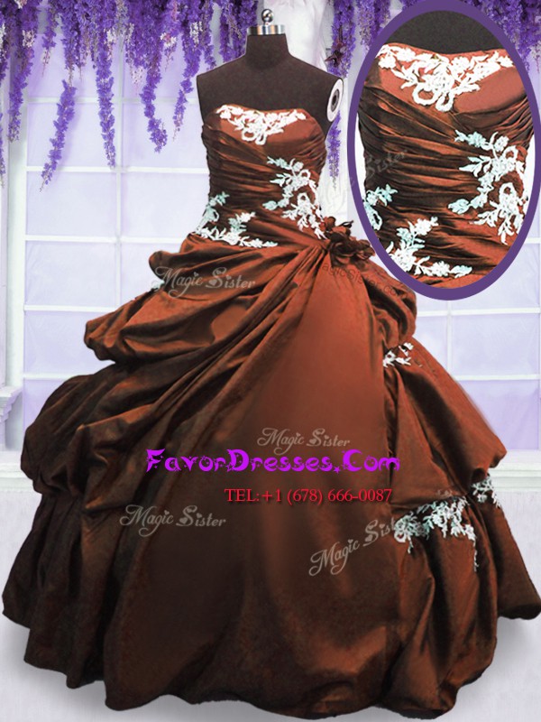 Sophisticated Brown Ball Gowns Taffeta Strapless Sleeveless Appliques and Pick Ups Floor Length Lace Up Quinceanera Dress