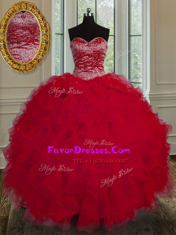  Sleeveless Floor Length Beading and Ruffles Lace Up Quinceanera Dresses with Red