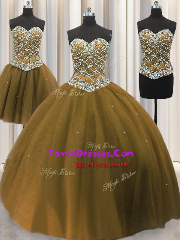  Three Piece Brown Sweetheart Neckline Beading and Sequins Sweet 16 Dresses Sleeveless Lace Up
