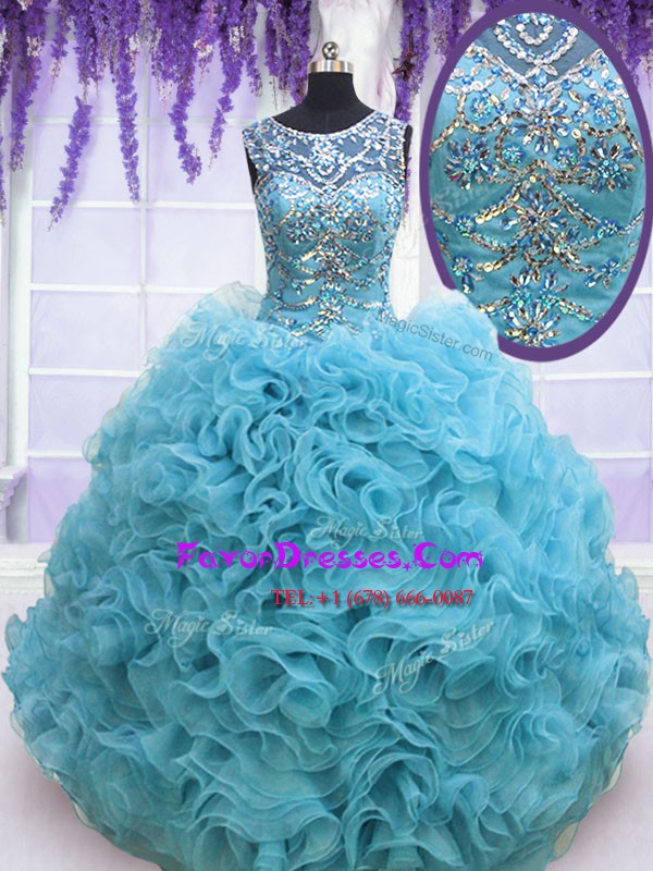 Dazzling Baby Blue Lace Up Square Beading and Ruffles Vestidos de Quinceanera Organza Sleeveless