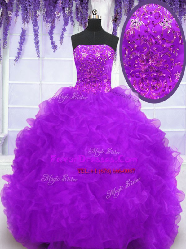  Strapless Sleeveless Sweet 16 Quinceanera Dress With Brush Train Beading and Appliques and Ruffles Eggplant Purple Organza