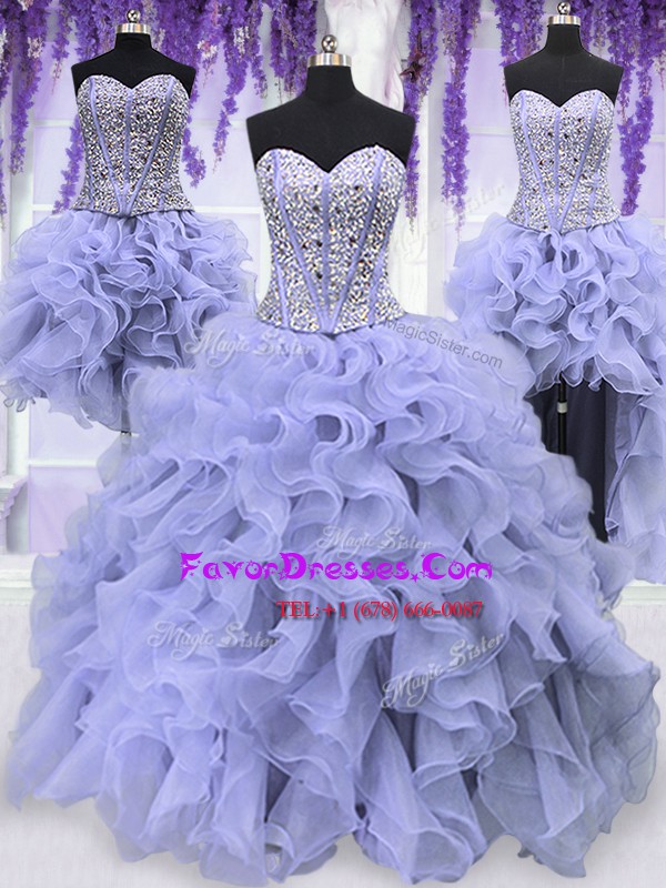 Captivating Four Piece Sequins Ball Gowns 15th Birthday Dress Lavender Sweetheart Organza Sleeveless Floor Length Lace Up