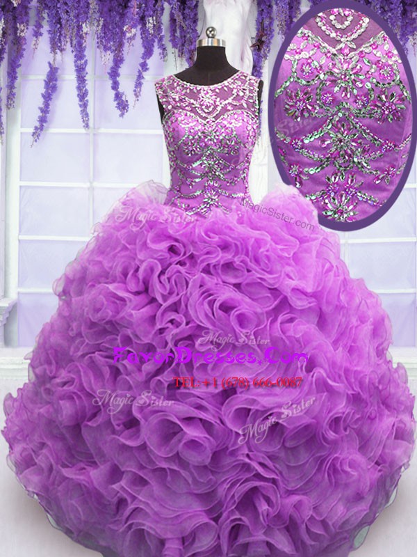 Traditional Scoop Floor Length Lilac Quince Ball Gowns Organza Sleeveless Beading and Ruffles