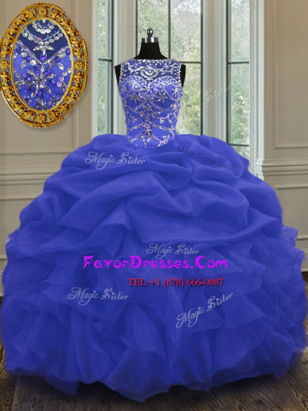  Blue Scoop Neckline Beading and Pick Ups 15 Quinceanera Dress Sleeveless Lace Up