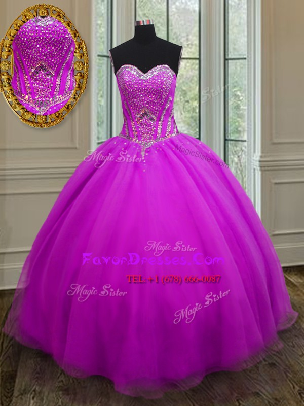  Purple Organza Lace Up 15 Quinceanera Dress Sleeveless Floor Length Beading