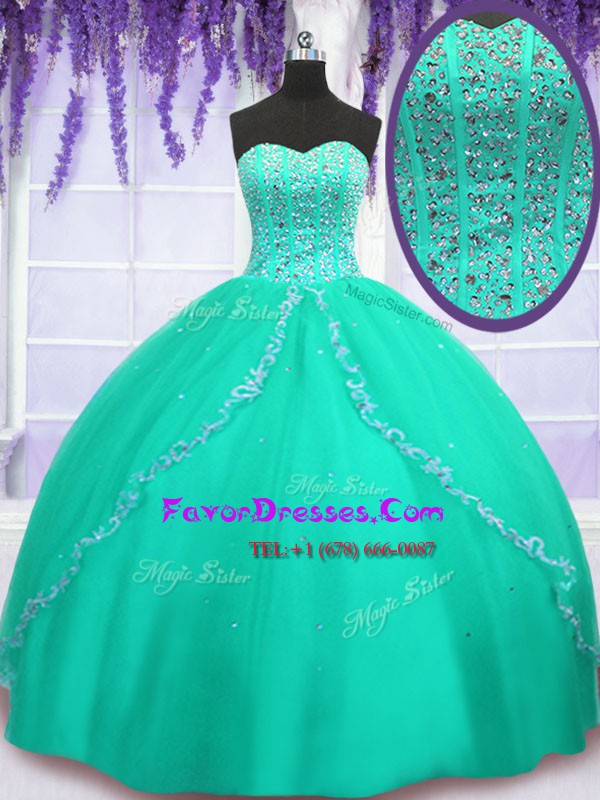 High Quality Turquoise Quinceanera Gown For with Beading and Sequins Sweetheart Sleeveless Lace Up
