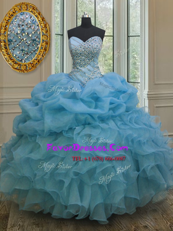  Floor Length Lace Up Quince Ball Gowns Baby Blue for Military Ball and Sweet 16 and Quinceanera with Beading and Ruffles and Pick Ups
