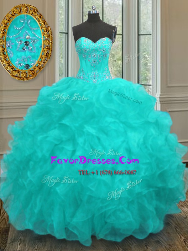 Luxury Floor Length Lace Up Quinceanera Dresses Aqua Blue for Military Ball and Sweet 16 and Quinceanera with Beading and Embroidery and Ruffles