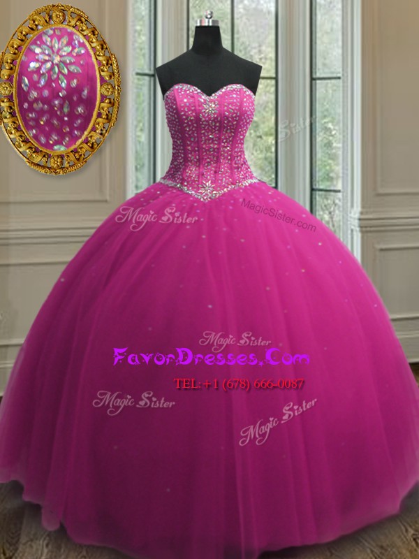 Top Selling Floor Length Fuchsia Ball Gown Prom Dress Tulle Sleeveless Beading and Sequins