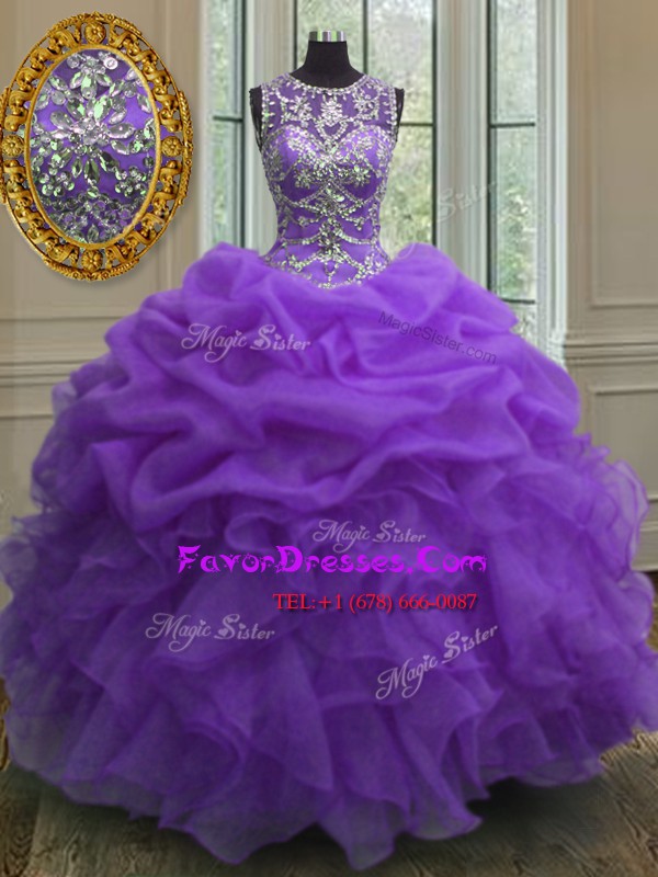 Enchanting Scoop Beading and Ruffles and Pick Ups Sweet 16 Quinceanera Dress Purple Lace Up Sleeveless Floor Length