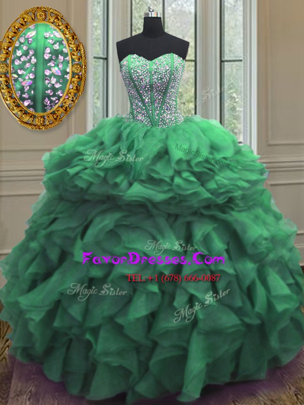  Floor Length Lace Up Sweet 16 Dress Green for Military Ball and Sweet 16 and Quinceanera with Beading and Ruffles