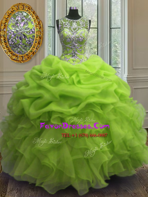 Simple Scoop Organza Sleeveless Floor Length Vestidos de Quinceanera and Beading and Ruffles and Pick Ups