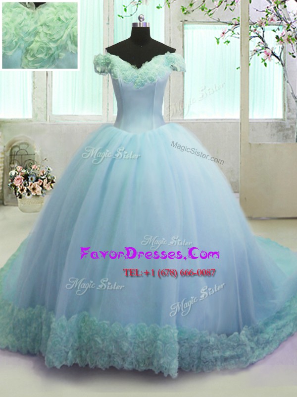 Light Blue Ball Gowns Organza Off The Shoulder Sleeveless Hand Made Flower With Train Lace Up Quinceanera Dresses Court Train