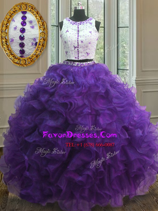  Scoop Purple Organza Clasp Handle 15 Quinceanera Dress Sleeveless Floor Length Appliques