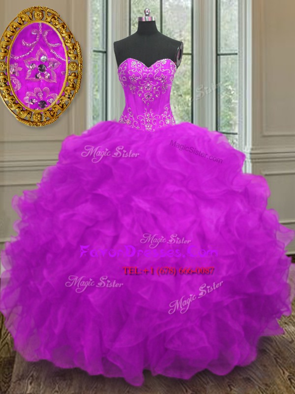 Colorful Purple Sweetheart Neckline Beading and Embroidery and Ruffles Quinceanera Gown Sleeveless Lace Up