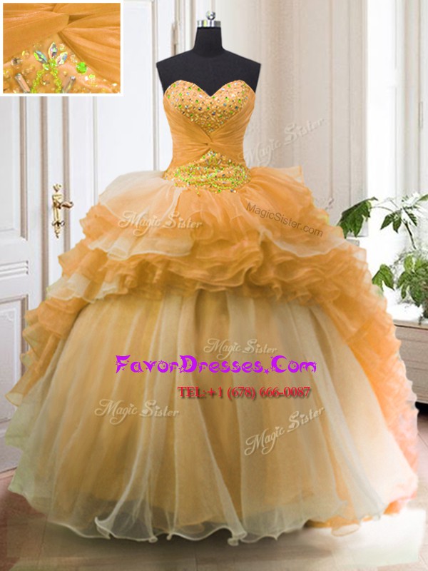 Comfortable Orange Ball Gowns Organza Sweetheart Sleeveless Beading and Ruffled Layers With Train Lace Up Ball Gown Prom Dress Sweep Train