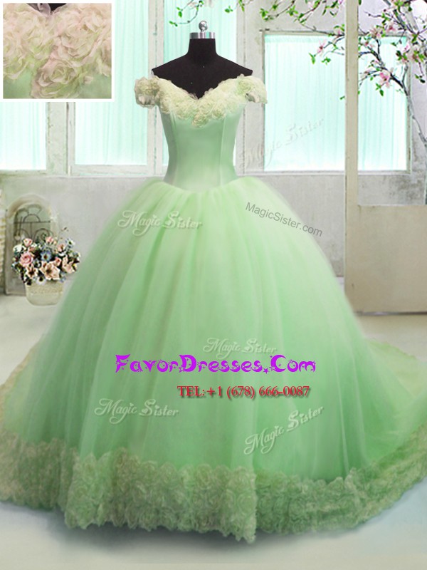 Customized Off the Shoulder Short Sleeves With Train Lace Up Quinceanera Gowns Apple Green for Military Ball and Sweet 16 and Quinceanera with Hand Made Flower Court Train