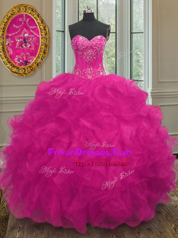 Adorable Fuchsia Sleeveless Beading and Embroidery Floor Length 15 Quinceanera Dress