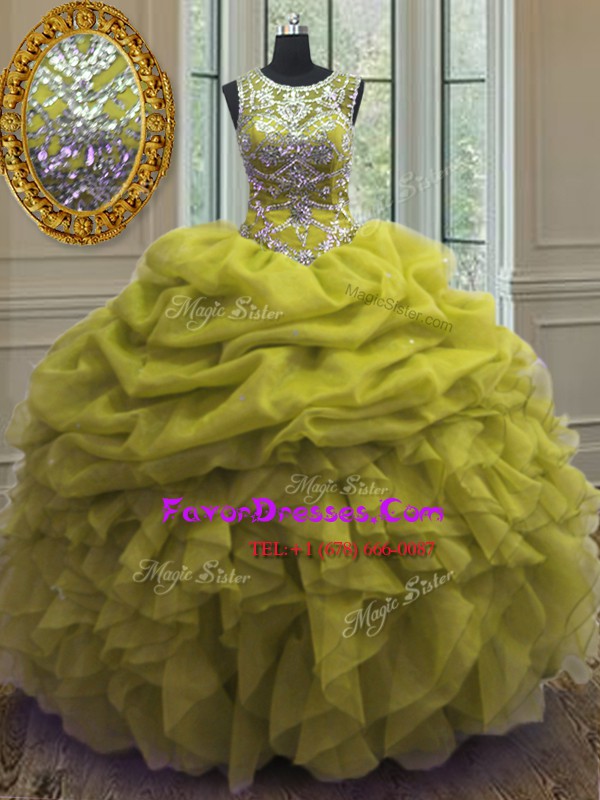 New Style Scoop Floor Length Lace Up Quinceanera Gowns Yellow Green for Military Ball and Sweet 16 and Quinceanera with Beading and Ruffles and Pick Ups