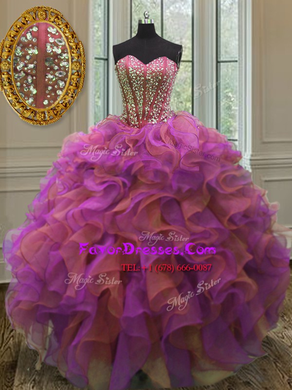  Sleeveless Organza Floor Length Lace Up Sweet 16 Quinceanera Dress in Multi-color with Beading and Ruffles