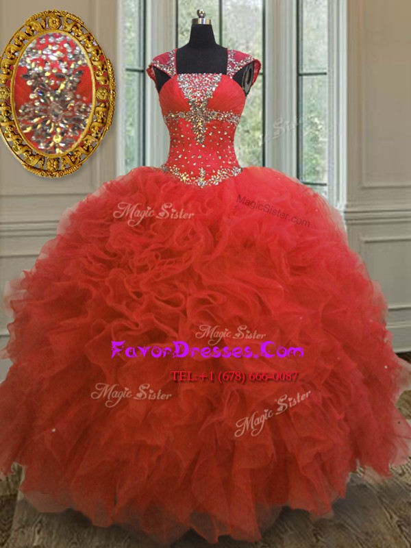Sexy Coral Red Ball Gowns Organza Straps Cap Sleeves Beading and Ruffles and Sequins Floor Length Lace Up Vestidos de Quinceanera