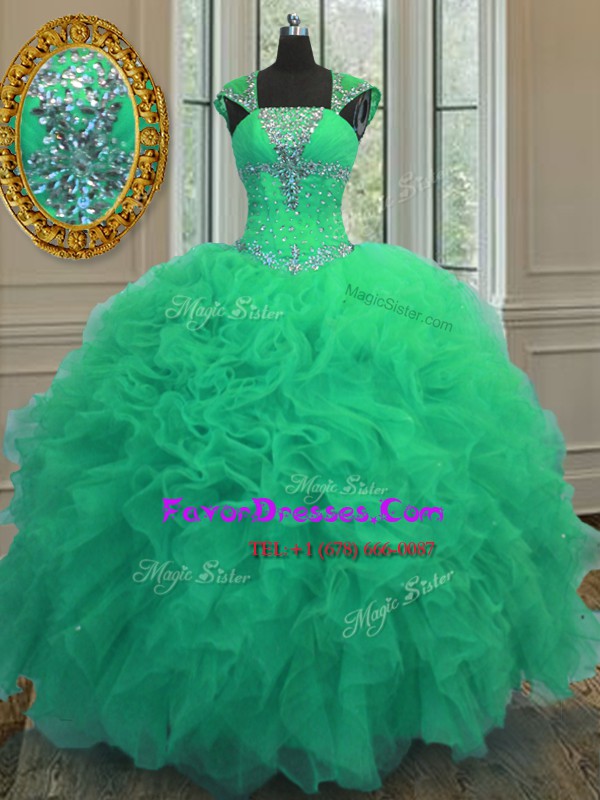 Customized Organza Straps Cap Sleeves Lace Up Beading and Ruffles and Sequins Quinceanera Gown in Turquoise