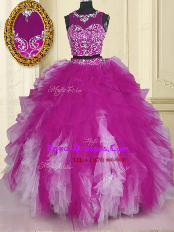 Fashion Scoop Sleeveless Tulle Floor Length Zipper Quinceanera Dresses in Fuchsia with Beading and Ruffles