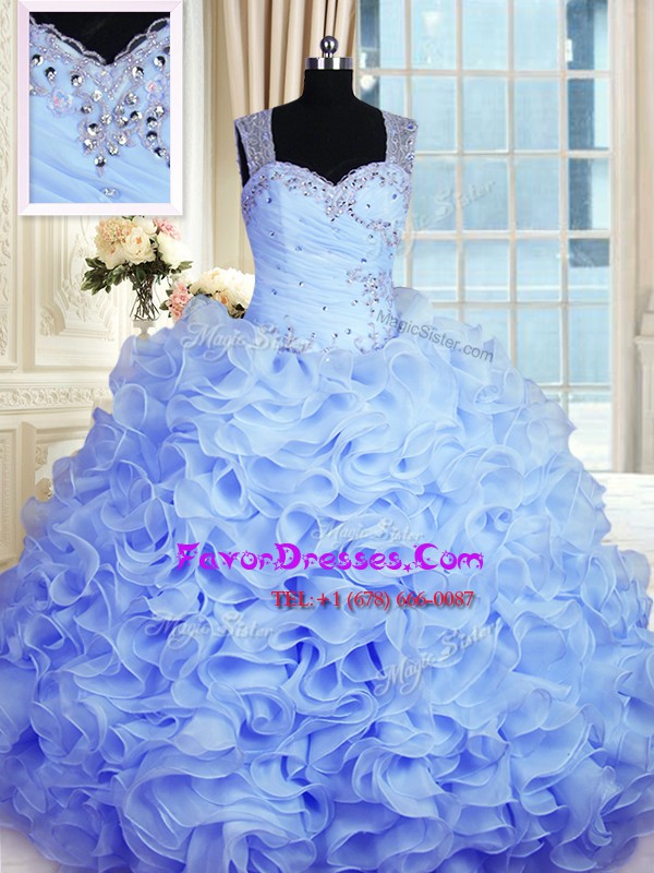 High Class Floor Length Zipper Sweet 16 Quinceanera Dress Baby Blue for Military Ball and Sweet 16 and Quinceanera with Beading and Ruffles